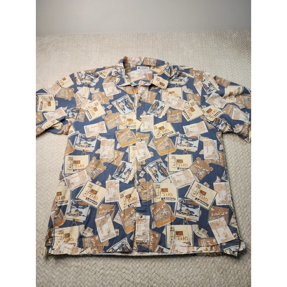 Columbia Mens XL Button Up Shirt Short Sleeve Tiki Vacation Novelty Print‎